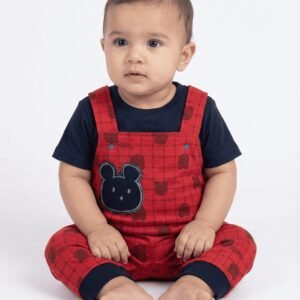 red knitted dungaree set with bunny embroidery and printed tee