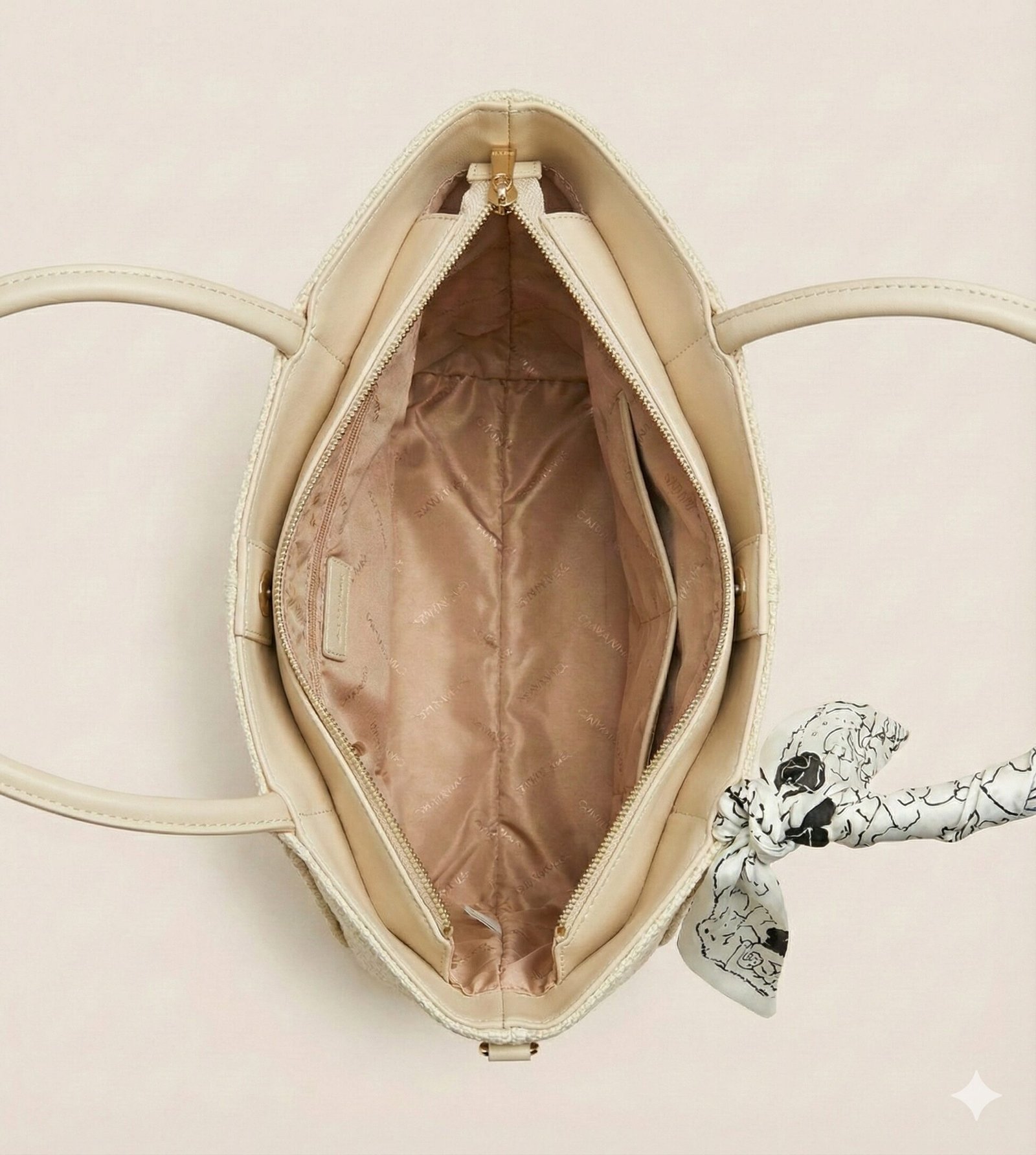 midnight woven texture tote with leopard scarf accent cream