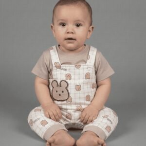 beige bear checkered dungaree & t shirt set