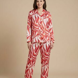 crimson ripple satin long pajama set