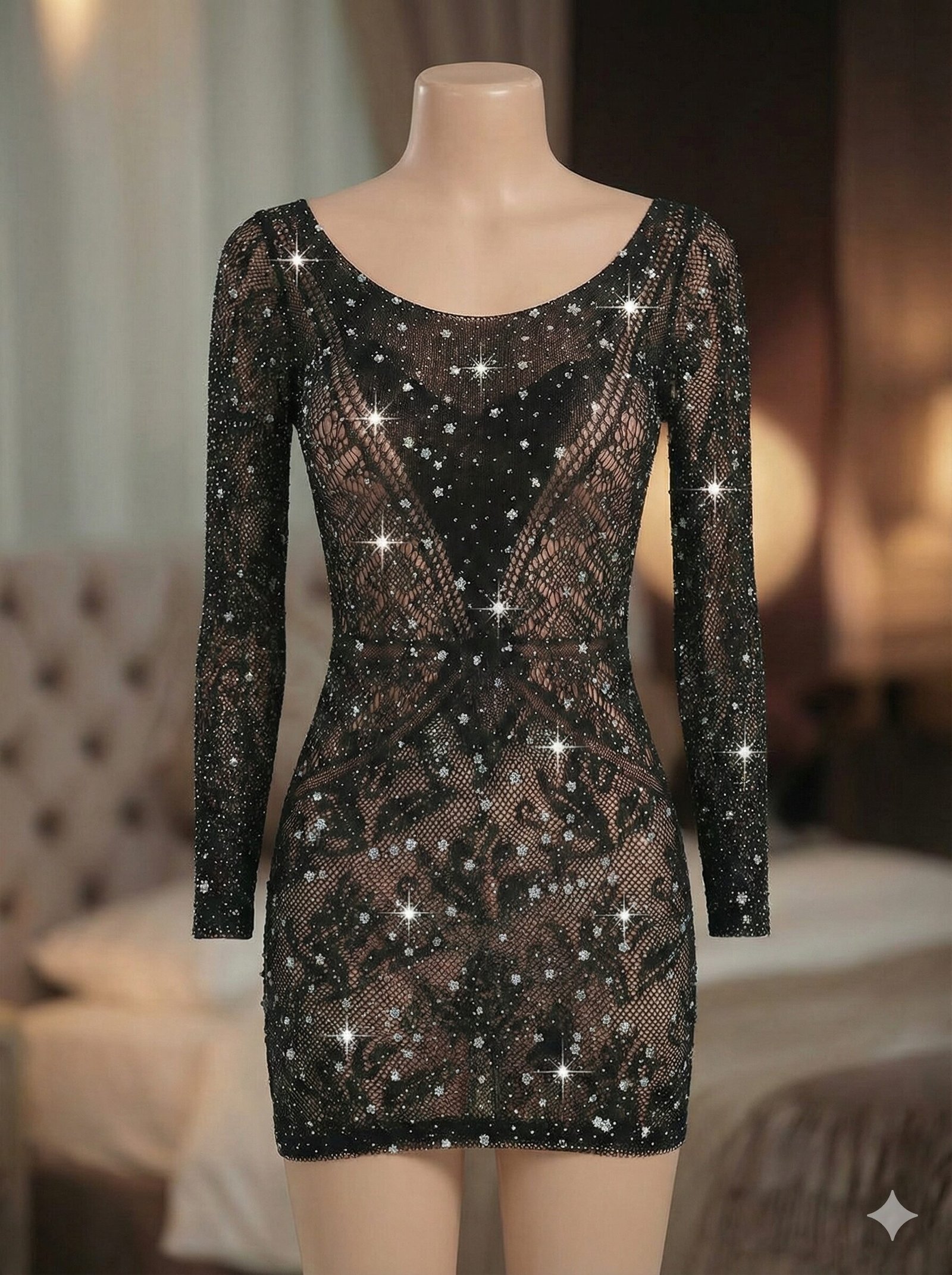 rhinestone crystal embellished long sleeve bodystocking dress