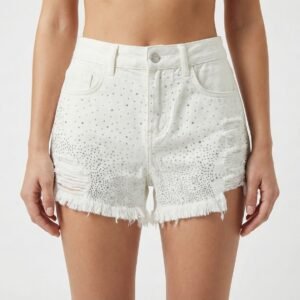High-Rise Crystal Studded Distressed White Denim Shorts