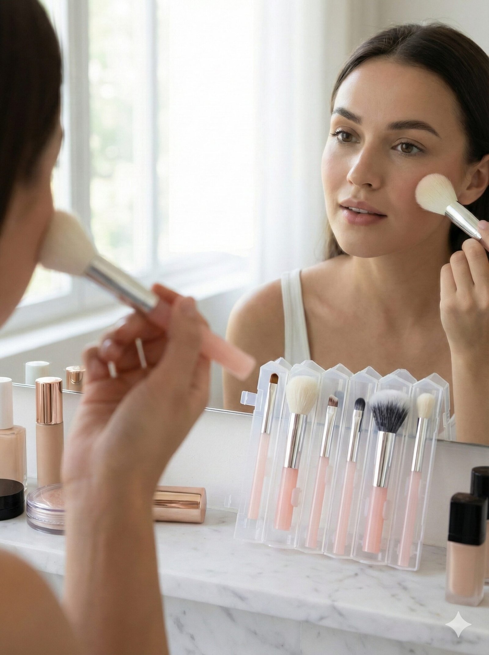 the "perfect peach" 6 piece travel makeup brush set with convertible standing case