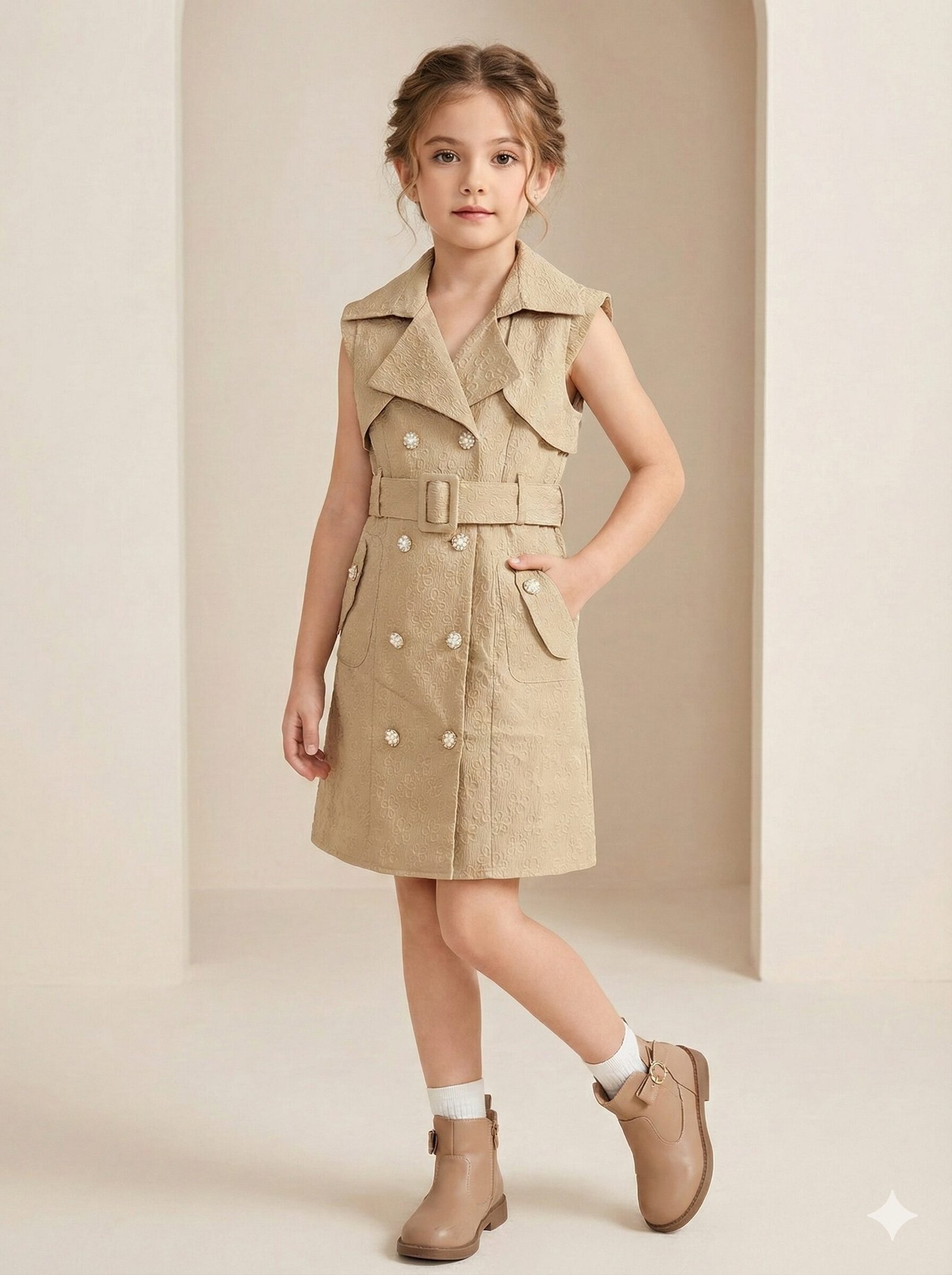 classic heritage sleeveless trench dress – beige jacquard