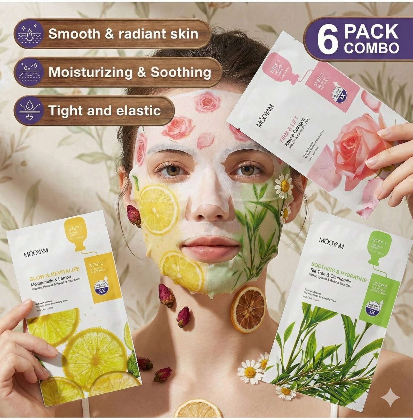 mooyam 2 step facial treatment sheet mask combo set (6 pack)