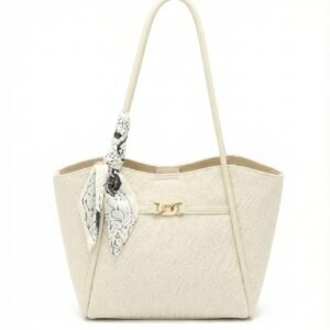 midnight woven texture tote with leopard scarf accent cream