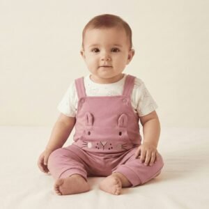 spice kids baby dusty pink bunny dungaree set