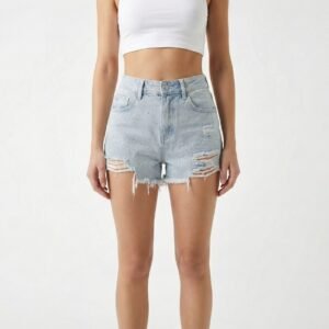High-Rise Rhinestone Distressed Denim  Sky Blue Shorts