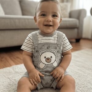 spice kids baby grey doodle bear shortalls & striped tee