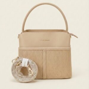 the two tone canvas & leatherette satchel – sand beige