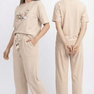 women's relaxed fit "daisy" tee & trouser duo biscuit color