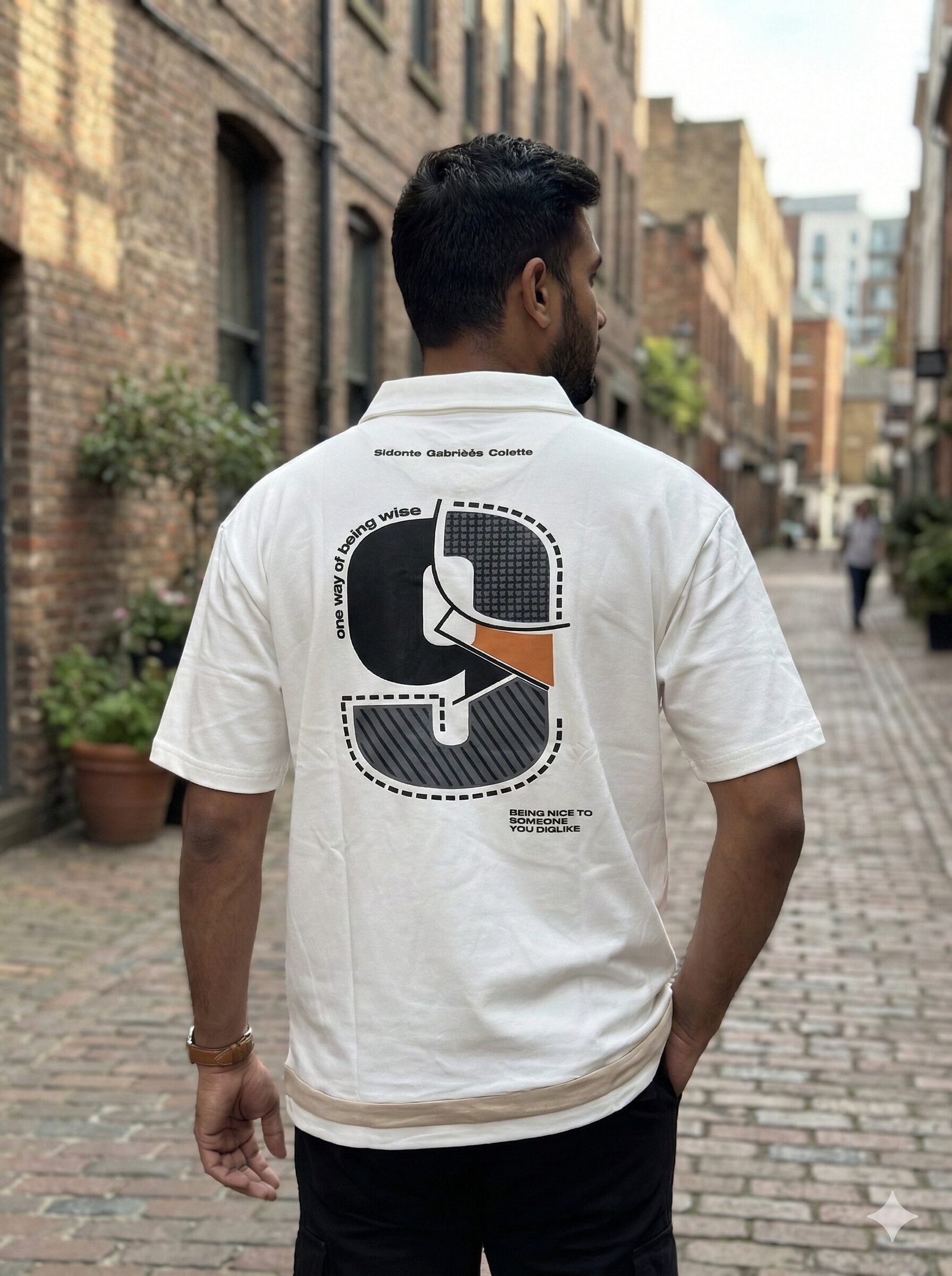 men's 'wise 9' graphic polo t shirt white & beige edition