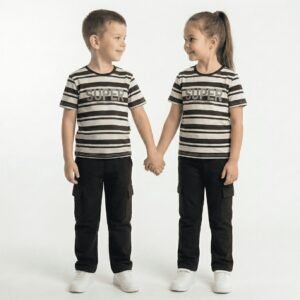 urban black & white striped tee & cargo pant duo