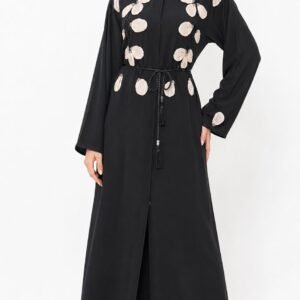 Nida Fabric Floral Embellished Open Abaya – Classic Black