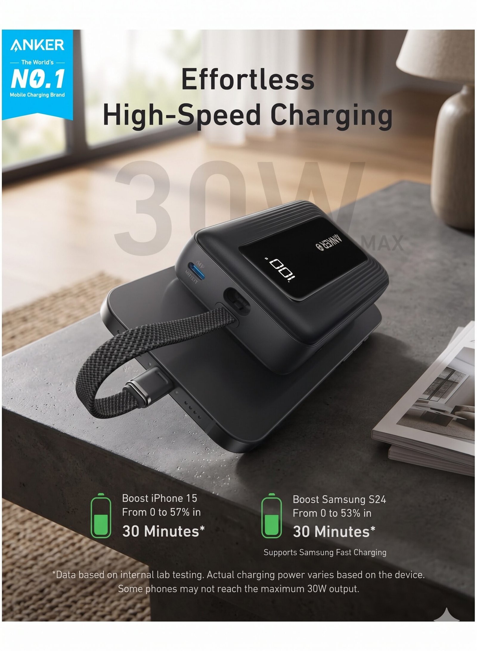 Anker Zolo Power Bank, 10,000mAh 30W High-Speed Portable Charger with Built-In USB-C Cable - Image 2