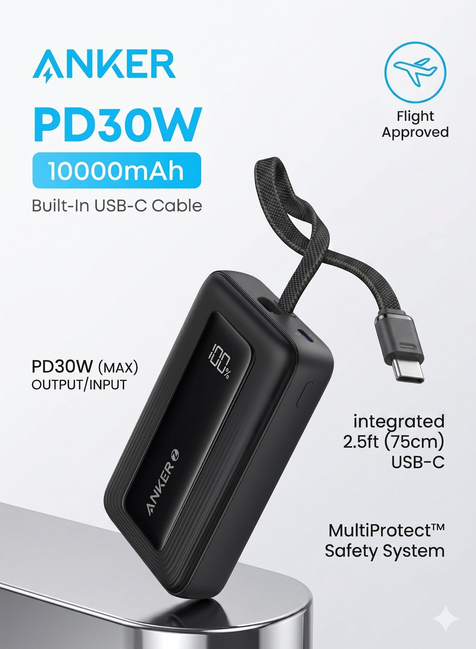 Anker Zolo Power Bank, 10,000mAh 30W High-Speed Portable Charger with Built-In USB-C Cable - Image 5